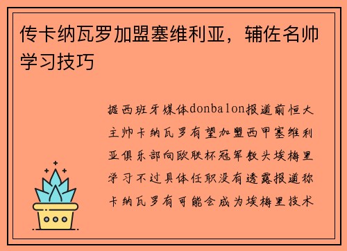 传卡纳瓦罗加盟塞维利亚，辅佐名帅学习技巧