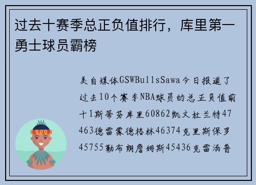 过去十赛季总正负值排行，库里第一勇士球员霸榜